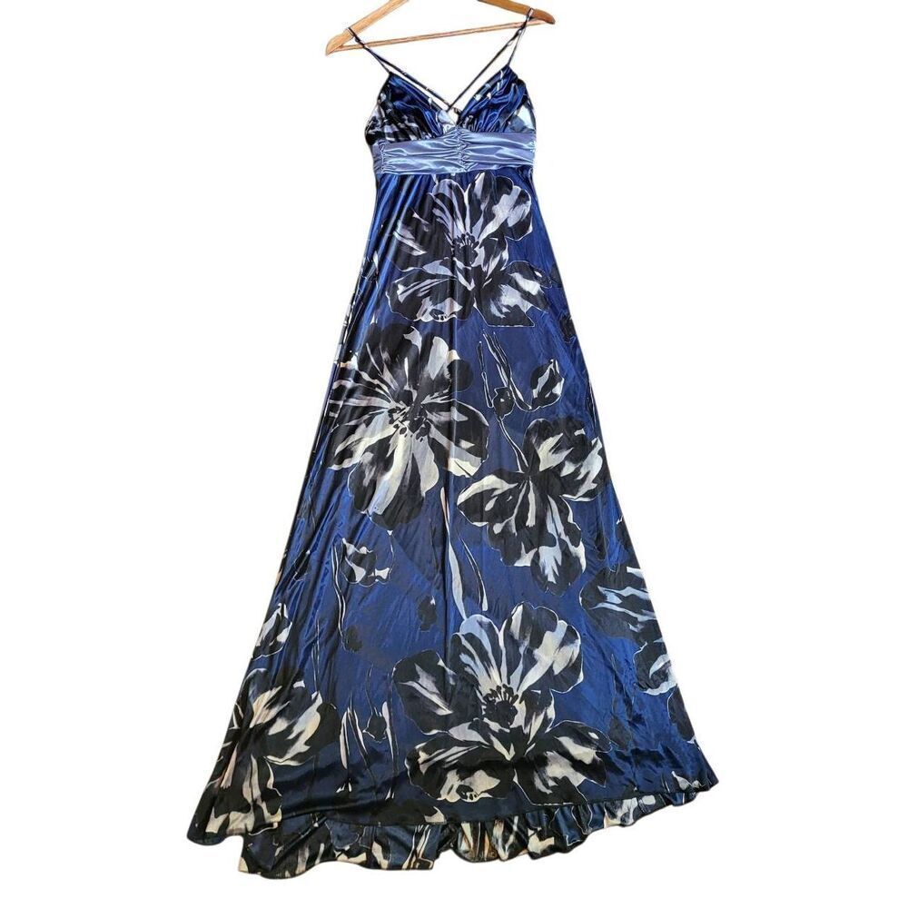 Vintage Y2K B. Smart Dress Women's XS Blue Floral Maxi Satin Formal Prom Tie